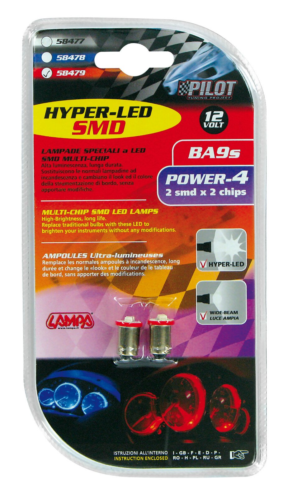 12V Hyper-Led 4 - 2 SMD x 2 chips - BA9s - 2 pcs - Red thumb