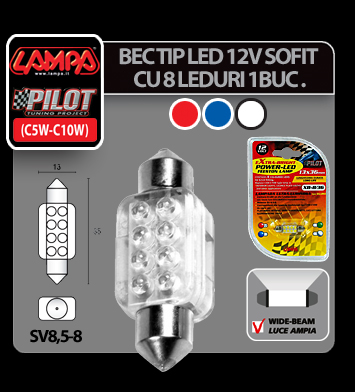 Bec LED 12V - 13x35mm - 8LED Sofit SV8,5-8 1buc - Alb thumb