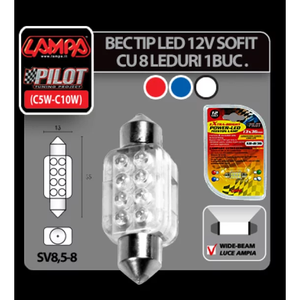 Bec LED 12V - 13x35mm - 8LED Sofit SV8,5-8 1buc - Alb