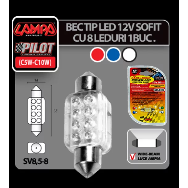 Bec LED 12V - 13x35mm - 8LED Sofit SV8,5-8 1buc - Albastru