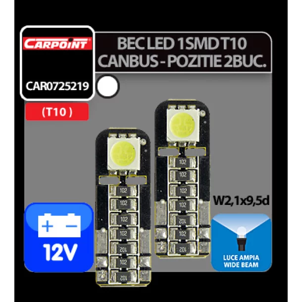 Carpoint 12V Led - 1SMD - T10 W2,1x9,5d Canbus 2 db - Fehér szórt fény