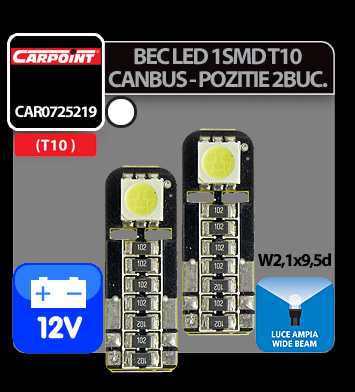 Carpoint 12V Led - 1SMD - T10 W2,1x9,5d Canbus 2 db - Fehér szórt fény - Újra csomagolt termék thumb