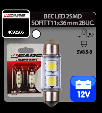 Bec Led - 2SMD 12V sofit T11x36mm soclu SV8,5-8 2buc - Alb thumb