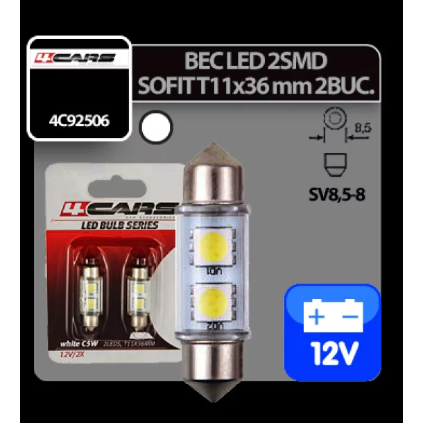 Bec Led - 2SMD 12V sofit T11x36mm soclu SV8,5-8 2buc - Alb