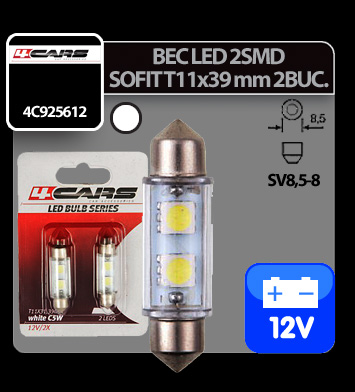 Bec Led - 2SMD 12V sofit T11x39mm soclu SV8,5-8 2buc - Alb thumb