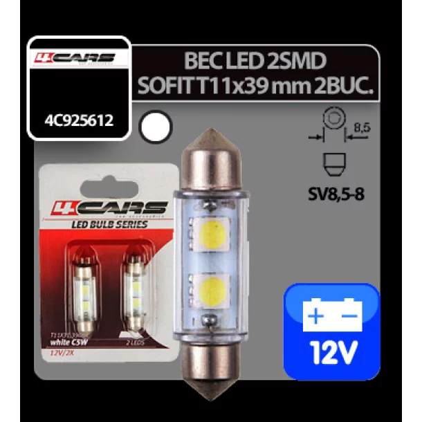 12V Led bulb - 2 SMD T11x39mm  SV8,5-8 2pcs - White