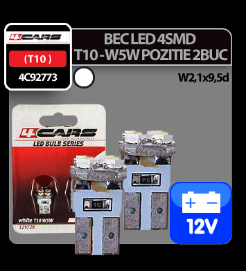 Bec Led - 4SMD 12V pozitie T10 W2,1x9,5d 2buc 4Cars - Alb thumb