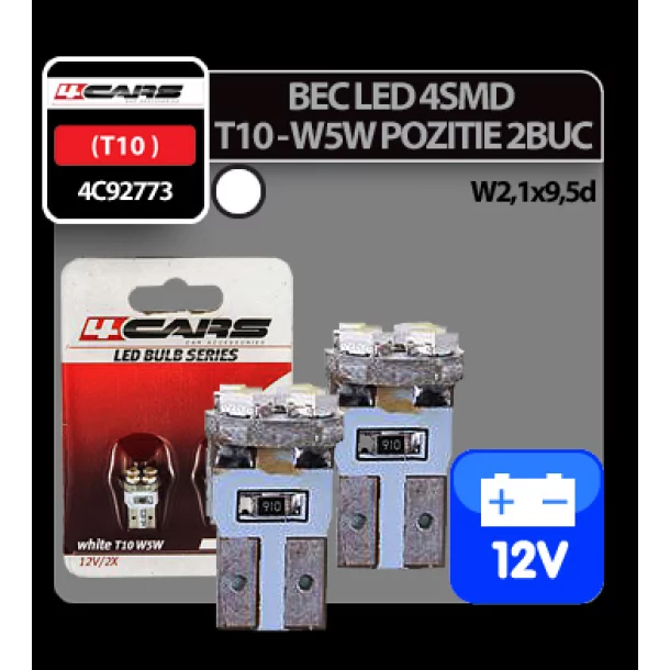 Bec Led - 4SMD 12V pozitie T10 W2,1x9,5d 2buc 4Cars - Alb