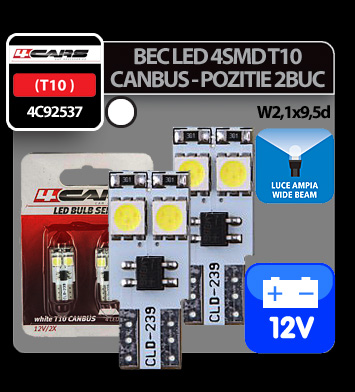 4Cars 12V Led - 4SMD - T10 W2,1x9,5d Canbus - 2 pcs - White wide beam thumb