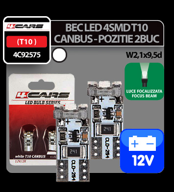 4Cars 12V Led - 4SMD - T10 W2,1x9,5d Canbus 2 db - Fehér fókuszált thumb
