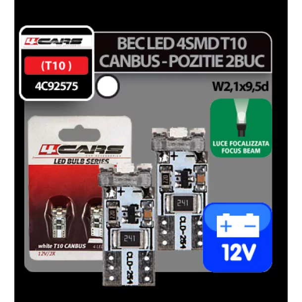 Bec Led - 4SMD 12V pozitie T10 W2,1x9,5d Canbus 2buc 4Cars - Alb focalizat