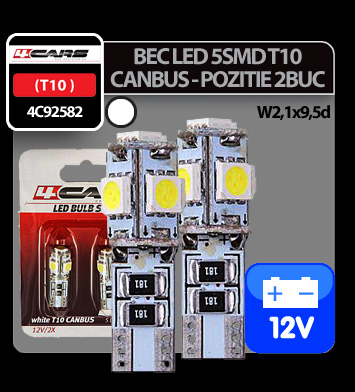 Bec Led - 5SMD 12V pozitie T10 W2,1x9,5d Canbus 2buc 4Cars - Alb thumb