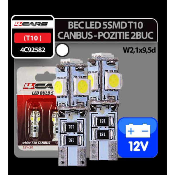 Bec Led - 5SMD 12V pozitie T10 W2,1x9,5d Canbus 2buc 4Cars - Alb