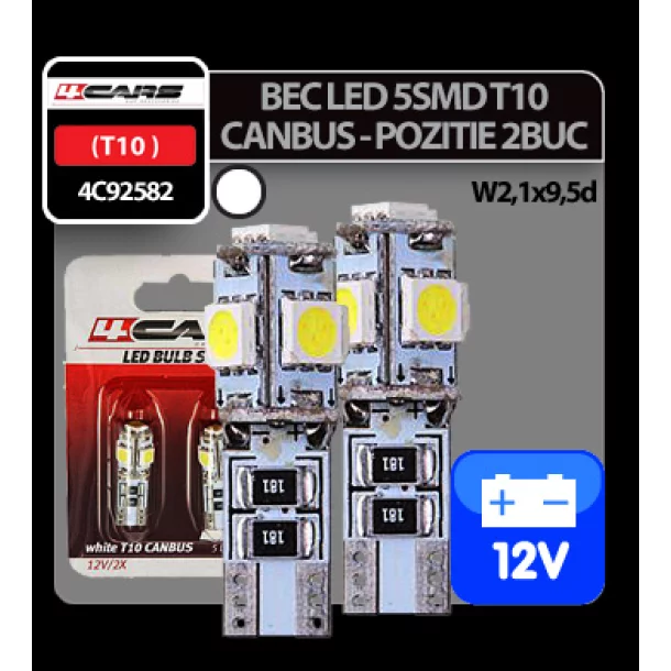 4Cars 12V Led - 5SMD - T10 W2,1x9,5d Canbus - 2 pcs - White