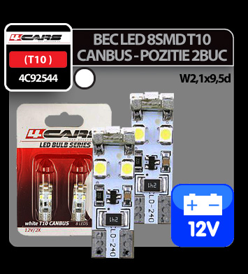 Bec Led - 8SMD 12V pozitie T10 W2,1x9,5d Canbus 2buc 4Cars - Alb thumb