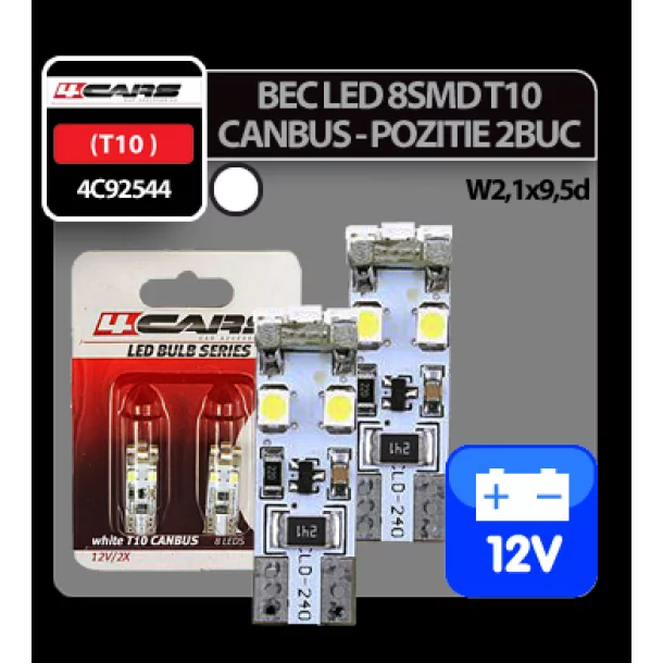 Bec Led - 8SMD 12V pozitie T10 W2,1x9,5d Canbus 2buc 4Cars - Alb