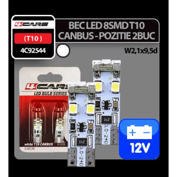 4Cars 12V Led - 8SMD - T10 W2,1x9,5d Canbus - 2 pcs - White