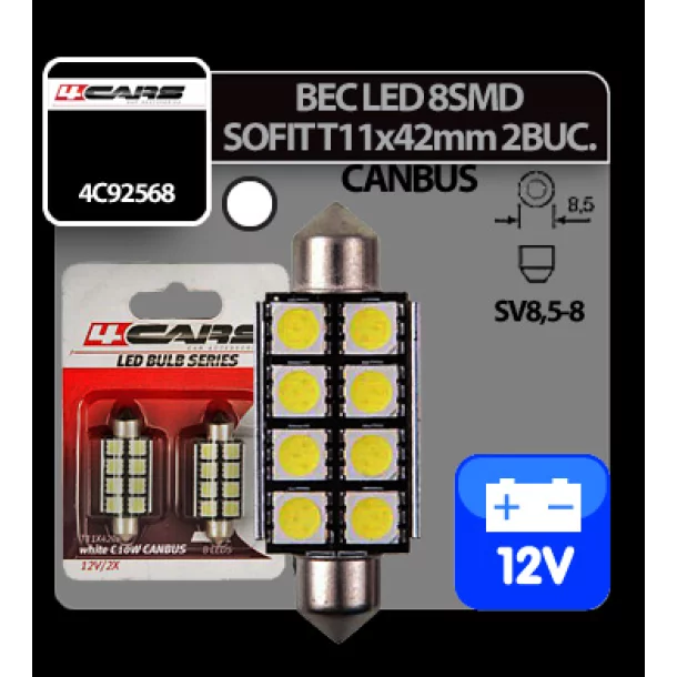 12V Led bulb - 8 SMD T11x42mm - SV8,5-8 Canbus - 2 pcs - White