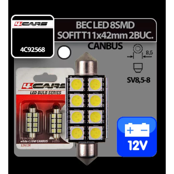 Bec Led - 8SMD 12V sofit T11x42mm soclu SV8,5-8 Canbus 2buc - Alb