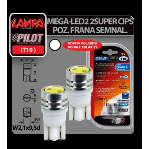 12V Mega-Led2 - 2Szuper Csipp - T10 W2,1x9,5d - 2 db - Fehér