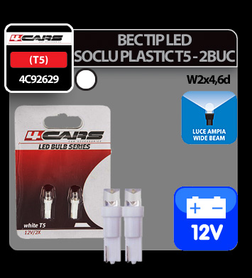 Bec tip LED 12V 1,2W soclu plastic T5 W2x4,6d 2buc 4Cars - Alb dispersat thumb