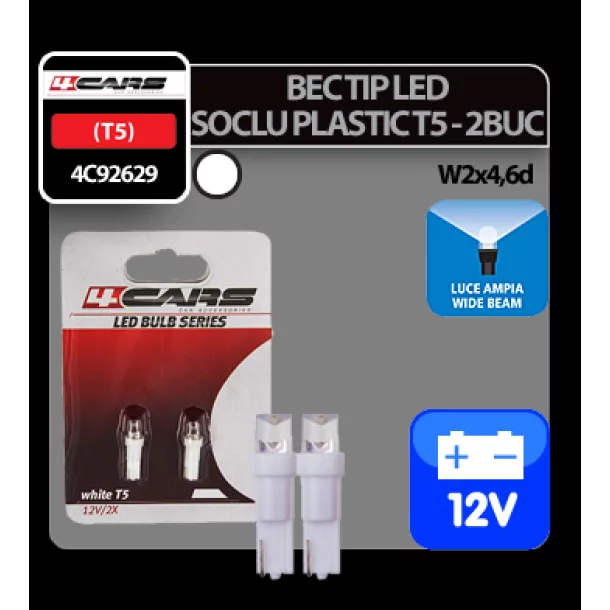 Bec tip LED 12V 1,2W soclu plastic T5 W2x4,6d 2buc 4Cars - Alb dispersat