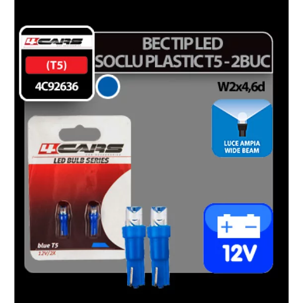 Bec tip LED 12V 1,2W soclu plastic T5 W2x4,6d 2buc 4Cars - Albastru dispersat