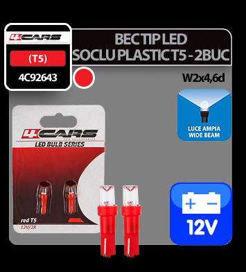 Bec tip LED 12V 1,2W soclu plastic T5 W2x4,6d 2buc 4Cars - Rosu dispersat thumb