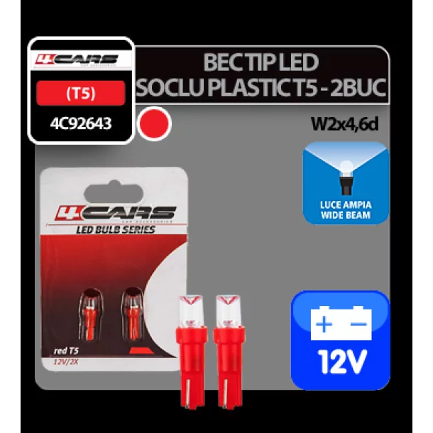 Bec tip LED 12V 1,2W soclu plastic T5 W2x4,6d 2buc 4Cars - Rosu dispersat