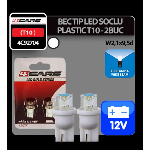 Bec tip LED 12V 5W soclu plastic T10 W2,1X9,5d 2buc 4Cars - Alb dispersat
