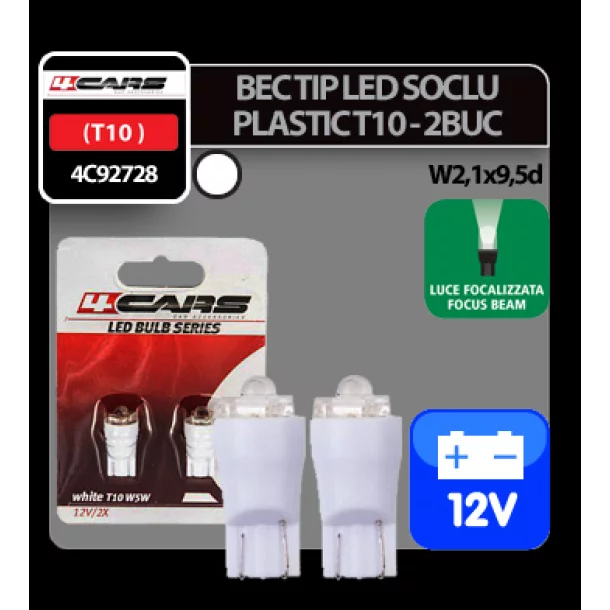 Bec tip LED 12V 5W soclu plastic T10 W2,1X9,5d 2buc 4Cars - Alb focalizat