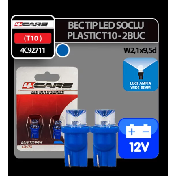 Bec tip LED 12V 5W soclu plastic T10 W2,1X9,5d 2buc 4Cars - Albastru dispersat