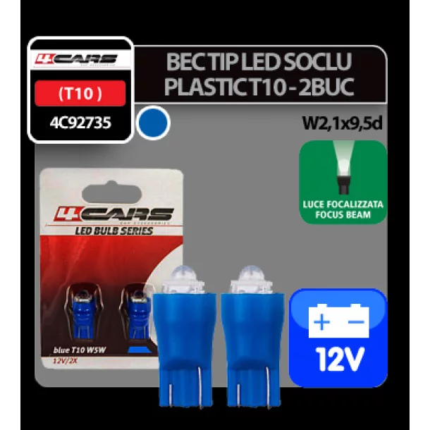 Bec tip LED 12V 5W soclu plastic T10 W2,1X9,5d 2buc 4Cars - Albastru focalizat