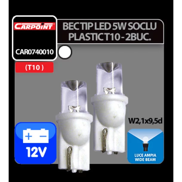 Bec tip LED 12V 5W soclu plastic T10 W2,1X9,5d 2buc Carpoint - Alb dispersat