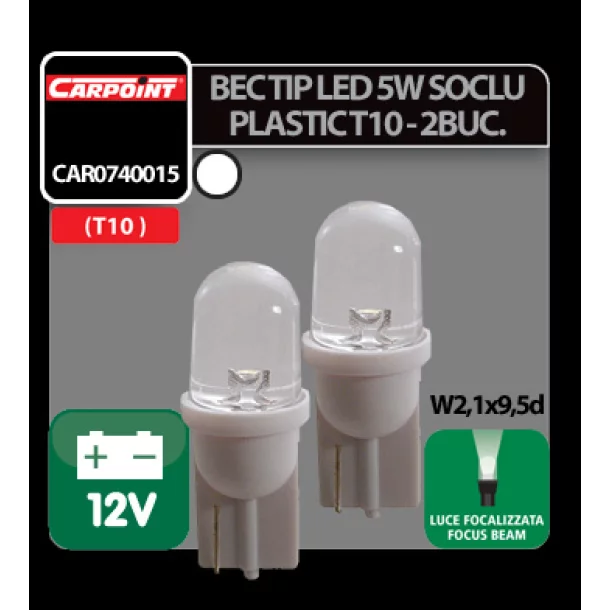 Bec tip LED 12V 5W soclu plastic T10 W2,1X9,5d 2buc Carpoint - Alb focalizat