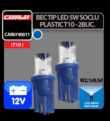 Carpoint 12V 5W T10 W2,1x9,5d műanyag foglalatos LED-égő 2db - Kék szórt fény thumb