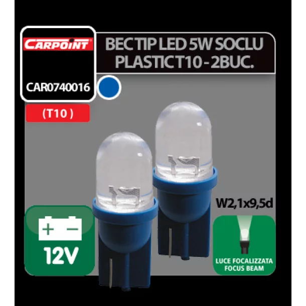 Carpoint 12V 5W T10 W2,1x9,5d műanyag foglalatos LED-égő 2db - Kék fókuszált