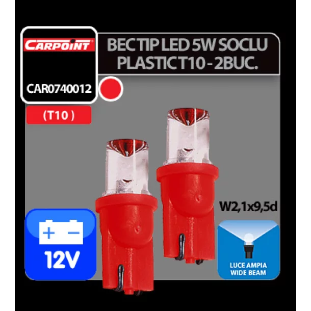 Bec tip LED 12V 5W soclu plastic T10 W2,1X9,5d 2buc Carpoint - Rosu dispersat