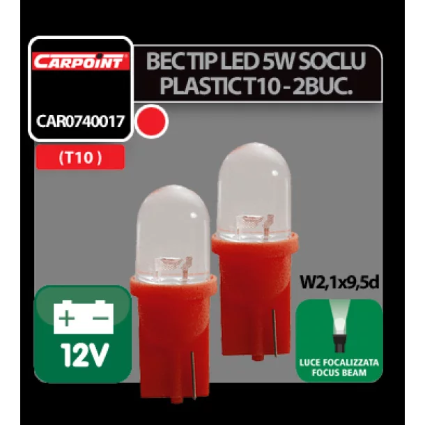 Bec tip LED 12V 5W soclu plastic T10 W2,1X9,5d 2buc Carpoint - Rosu focalizat