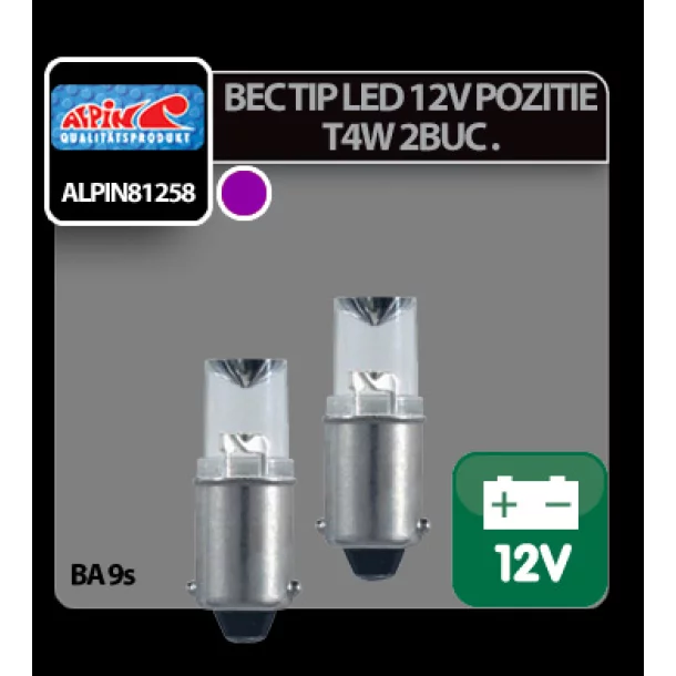 Bec tip LED 12V iluminat bord, soclu metal T4W BA9s 2buc - Mov