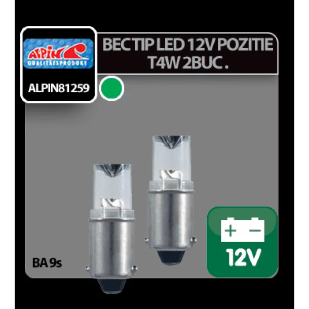 Bec tip LED 12V iluminat bord, soclu metal T4W BA9s 2buc - Verde