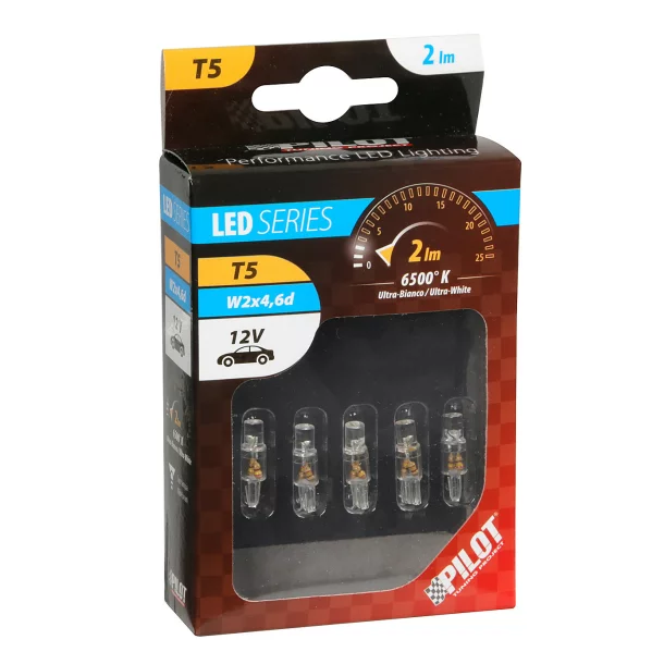 12V-os T5 W2x4,6D műanyag foglalatos LED-égő - 5 darabos - Fehér