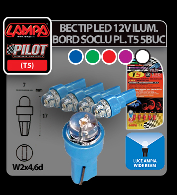 Bec tip LED 12V iluminat bord soclu pl. T5 W2x4,6d 5buc - Albast thumb