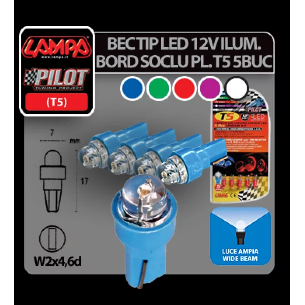 Bec tip LED 12V iluminat bord soclu pl. T5 W2x4,6d 5buc - Albast