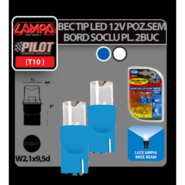 Bec tip LED 12V soclu pl. T10 W2,1X9,5d 2buc Alb dispersat