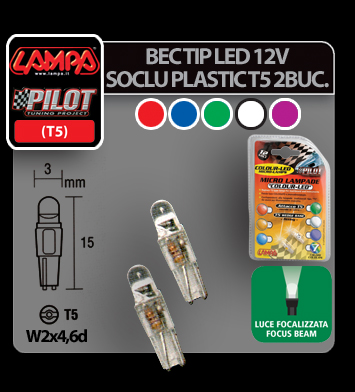 Bec tip LED 12V soclu plastic T5 W2x4,6d 2buc - Alb thumb