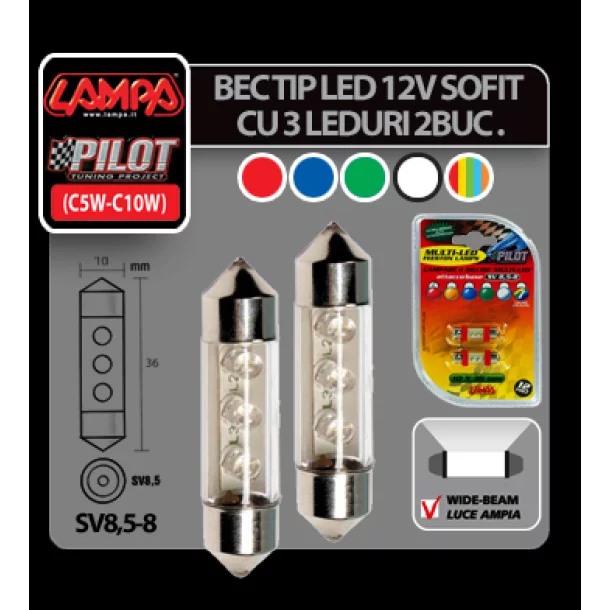 Bec tip LED 12V sofit cu 3 leduri 10x31mm SV8,5-8 2buc - Curcubeu