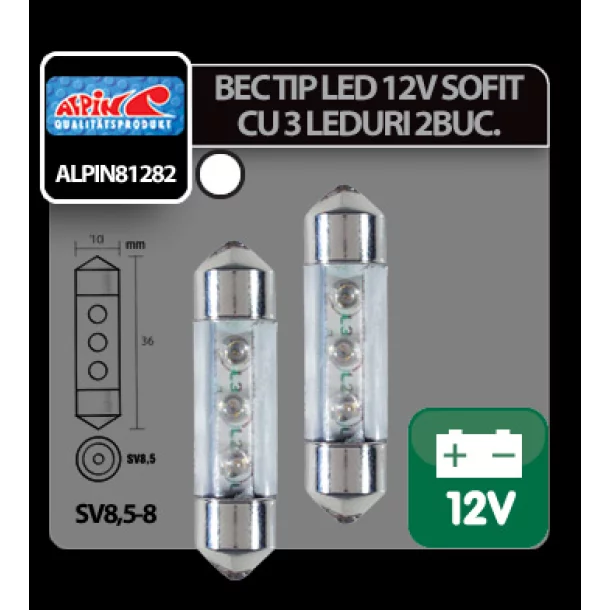 Bec tip LED 12V sofit cu 3 leduri 10x36mm SV8,5-8 2buc - Alb