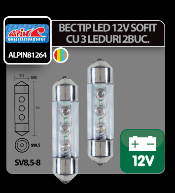 Bec tip LED 12V sofit cu 3 leduri 10x36mm SV8,5-8 2buc - Curcubeu thumb
