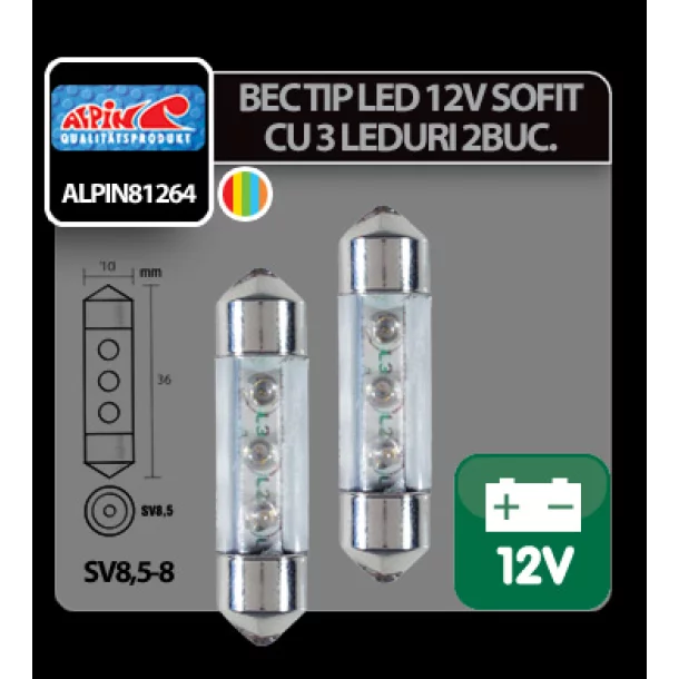 Bec tip LED 12V sofit cu 3 leduri 10x36mm SV8,5-8 2buc - Curcubeu
